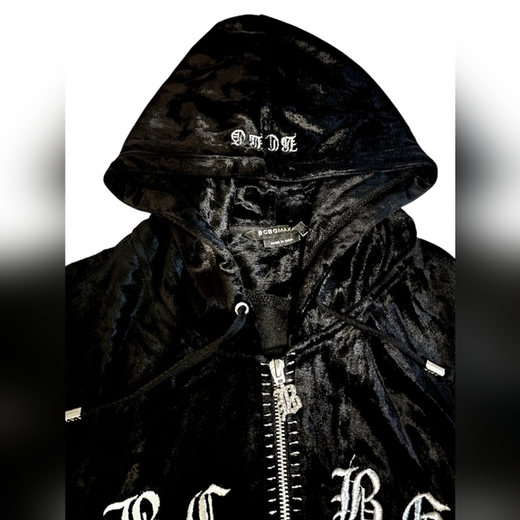 BCBG Maxazria Women's Jacket Velour  Hooded, Silver Studded Black Velvet - Picture 5 of 7